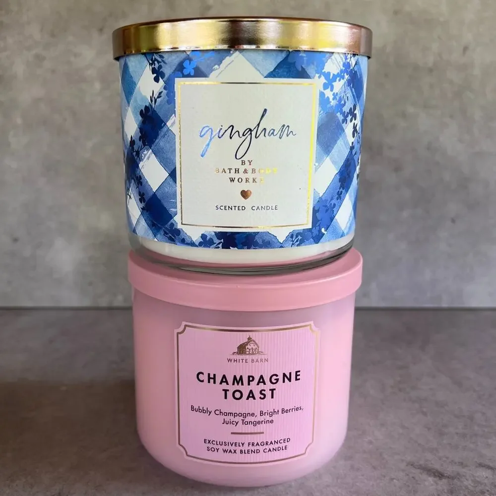 Bath & body Works candles lot of 2 white barn champagne toast & gingham 3 wick